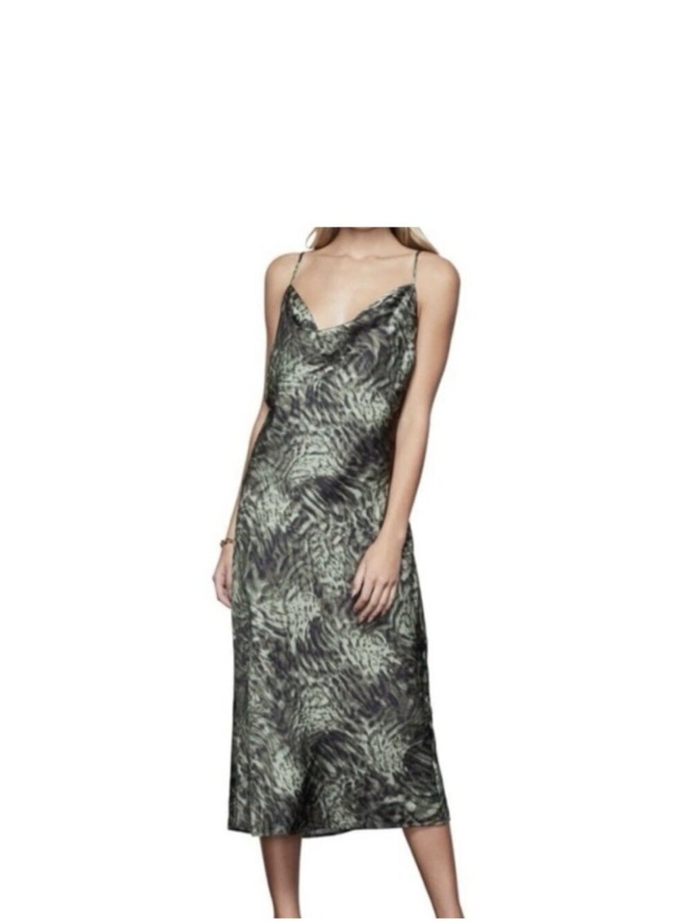 Good American Jungle Print Cowl Neck Green Satin Midi Slip Dress 4 Cocktail Y2K